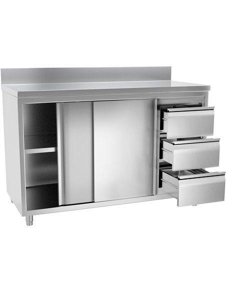 Commercial Worktop Floor Cupboard Sliding doors 3 Drawers Stainless steel Width 2000mm Depth 600mm Upstand | Stalwart VTC206R3B