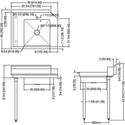 Commercial Stainless steel Pass Through Dishwasher Table with Sink Left 914mm Width | Stalwart SDT36L
