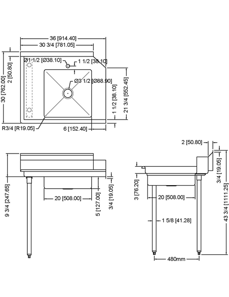 Commercial Stainless steel Pass Through Dishwasher Table with Sink Left 914mm Width | Stalwart SDT36L