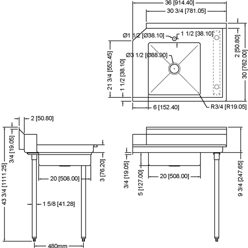 Commercial Stainless steel Pass Through Dishwasher Table with Sink Right 914mm Width | Stalwart SDT36R