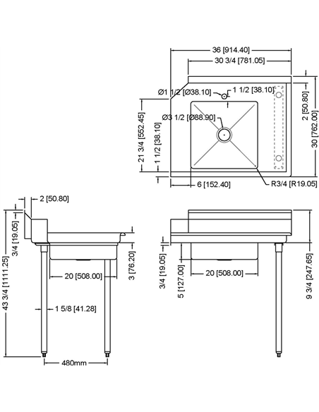 Commercial Stainless steel Pass Through Dishwasher Table with Sink Right 914mm Width | Stalwart SDT36R