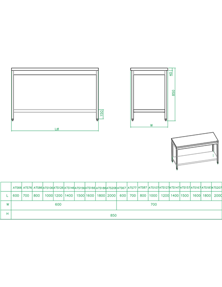 Professional Work table Stainless steel Bottom shelf 1600x700x900mm | Stalwart DA-THATS167