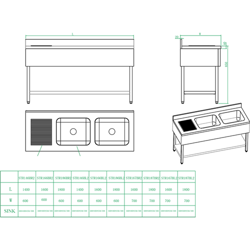 Commercial Sink Stainless steel 2 bowls Right Bottom shelf Splashback 1400mm Depth 700mm | Stalwart DA-THSTR147BR2