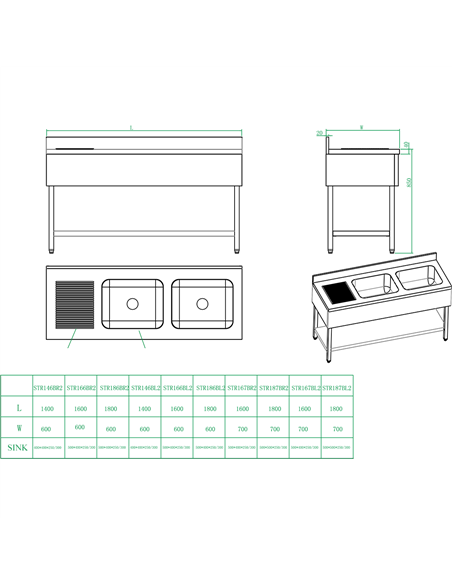Commercial Sink Stainless steel 2 bowls Right Bottom shelf Splashback 1400mm Depth 700mm | Stalwart DA-THSTR147BR2