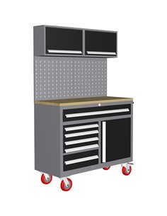 Garage Workstation Set -  with Wooden Desktop, 6 Drawers, 2 Top tool cabinets, and 1 lower cupboard, 1200x500x1870mm | Stalwart 