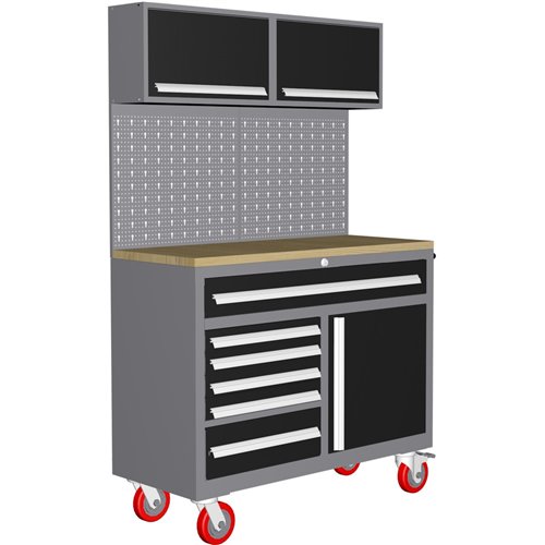 Garage Workstation Set -  with Wooden Desktop, 6 Drawers, 2 Top tool cabinets, and 1 lower cupboard, 1200x500x1870mm | Stalwart 