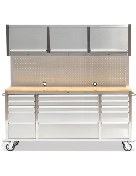 Professional Stainless Steel Rolling Tool Cabinet 15 drawers 3 Upper Cupboards 1968x500x1825mm | Stalwart DA-722038AP