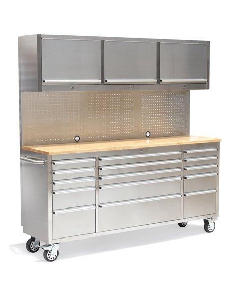Professional Stainless Steel Rolling Tool Cabinet 15 drawers 3 Upper Cupboards 1968x500x1825mm | Stalwart DA-722038AP