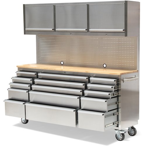 Professional Stainless Steel Rolling Tool Cabinet 15 drawers 3 Upper Cupboards 1968x500x1825mm | Stalwart DA-722038AP
