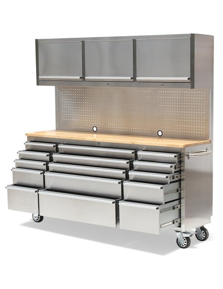 Professional Stainless Steel Rolling Tool Cabinet 15 drawers 3 Upper Cupboards 1968x500x1825mm | Stalwart DA-722038AP