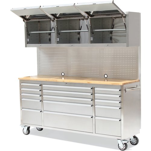 Professional Stainless Steel Rolling Tool Cabinet 15 drawers 3 Upper Cupboards 1968x500x1825mm | Stalwart DA-722038AP