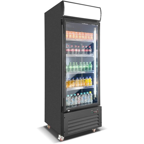 Commercial Bottle Cooler Upright 600 litres Single Glass Door with LED Canopy in Black | Stalwart DA-KXG600H