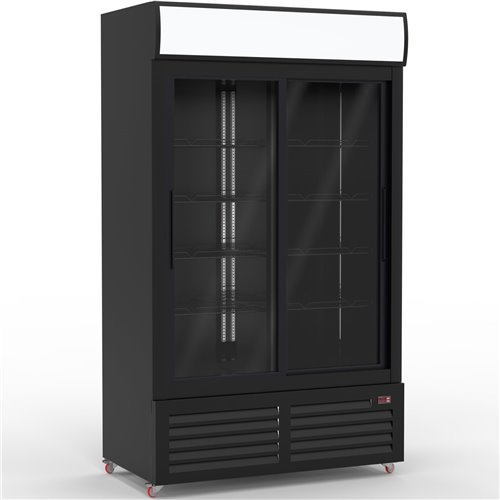 Commercial Bottle Cooler Upright 900 litres Double Glass Sliding Door with LED Canopy in Black | Stalwart DA-KXG900S