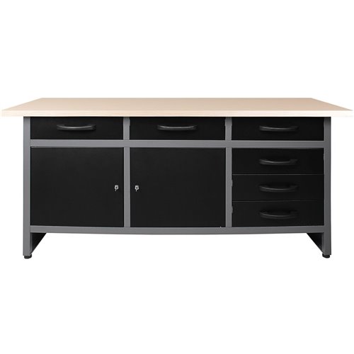 Professional Grey &amp Black Workshop Workbench with 30mm wooden desktop 6 drawers &amp 2 lockable doors 1600x600x850mm | DA-TC0