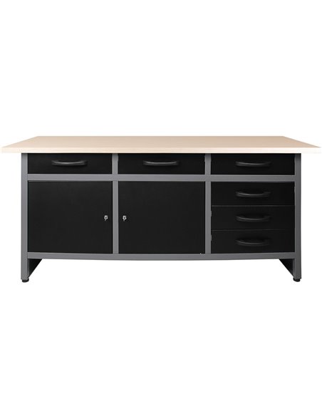Professional Grey &amp Black Workshop Workbench with 30mm wooden desktop 6 drawers &amp 2 lockable doors 1600x600x850mm | DA-TC0