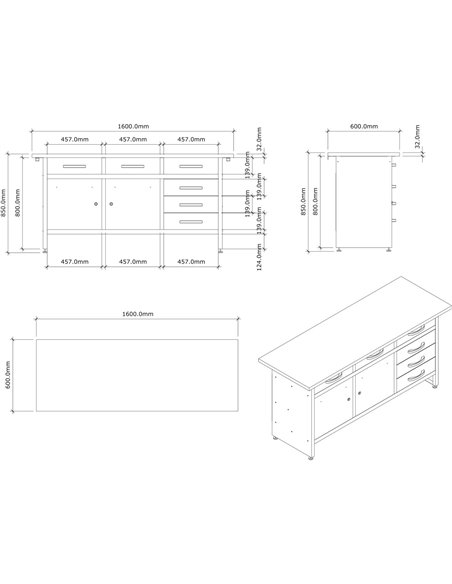 Professional Grey &amp Black Workshop Workbench with 30mm wooden desktop 6 drawers &amp 2 lockable doors 1600x600x850mm | DA-TC0
