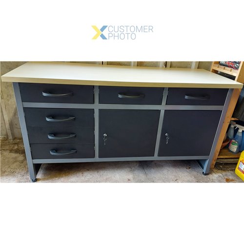 Professional Grey &amp Black Workshop Workbench with 30mm wooden desktop 6 drawers &amp 2 lockable doors 1600x600x850mm | DA-TC0