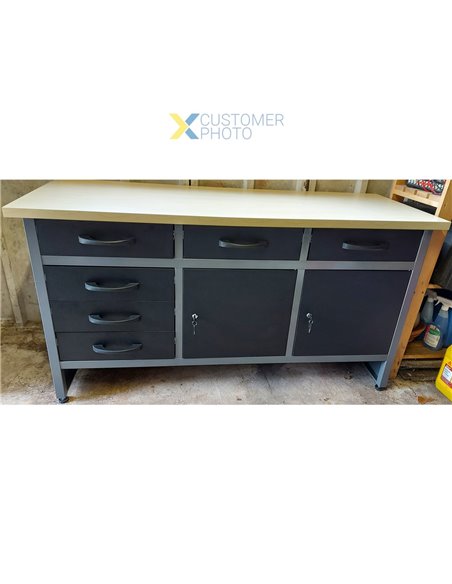 Professional Grey &amp Black Workshop Workbench with 30mm wooden desktop 6 drawers &amp 2 lockable doors 1600x600x850mm | DA-TC0