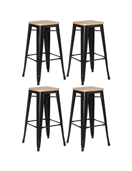 4pcs High Bar stool with Wooden seat Steel Black Indoors (Pack of 4)| DA-WW61B