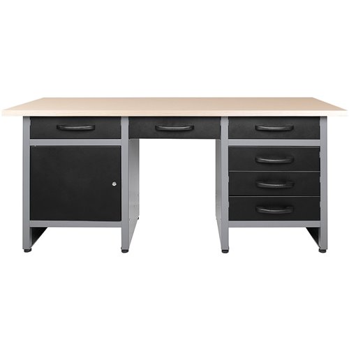 Professional Grey and Black Workshop Workbench with 30mm Wooden Desktop, 6 Drawers and Lockable Door 1600x600x850mm | DA-TC007