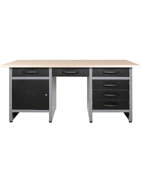Professional Grey and Black Workshop Workbench with 30mm Wooden Desktop, 6 Drawers and Lockable Door 1600x600x850mm | DA-TC007