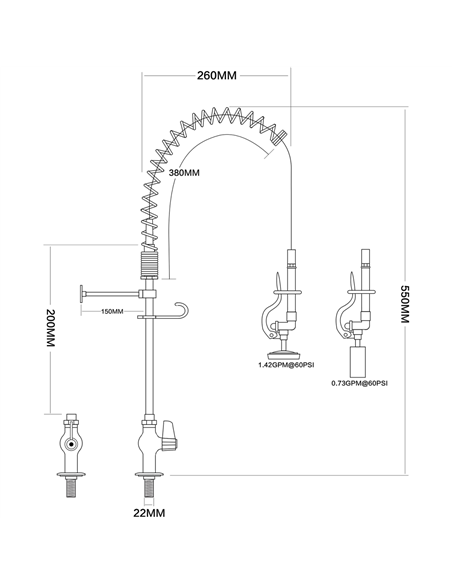 Pre Rinse Spray Unit Deck mount Single inlet Height 600mm Stainless steel | DA-EQ7803A