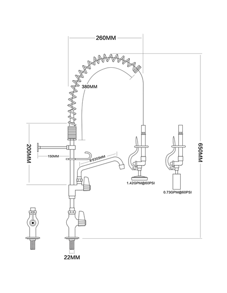 Pre Rinse Spray Unit with Swing faucet Deck mount Single inlet Height 600mm Stainless steel | Stalwart EQ7803A08