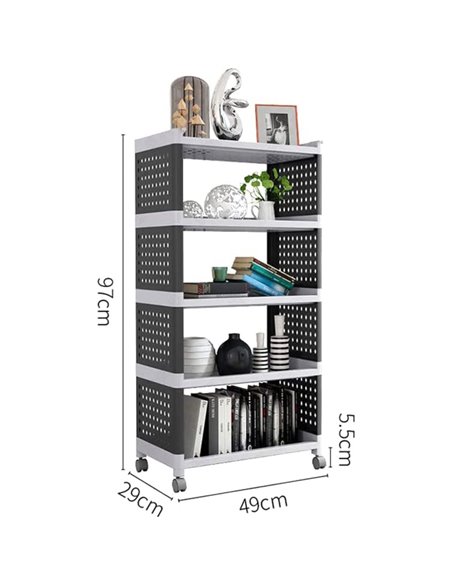Mobile Plastic Shelving Unit 5 tier Black &amp Grey  490x290x970mm | Stalwart DA-PP5