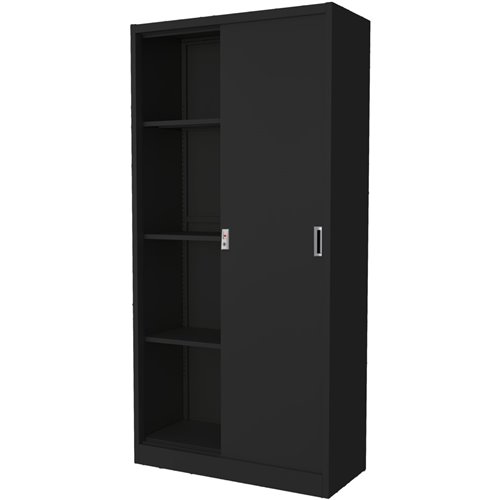 Commercial Sliding Door Steel Black Storage Cupboard with 4 Shelves and Lock 900x400x1850mm | Stalwart DA-FCC18BLACK