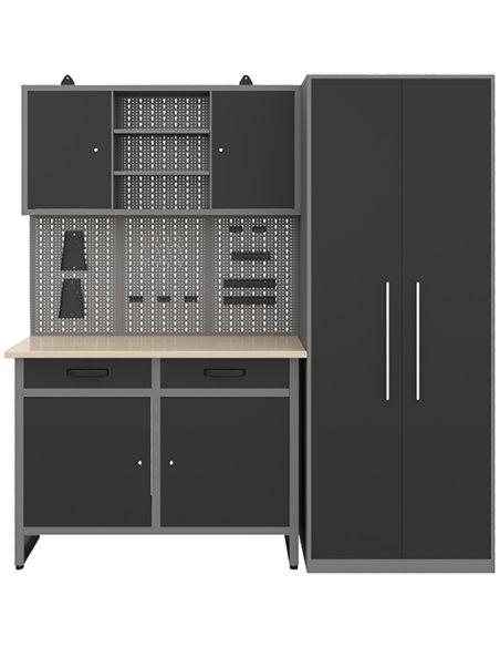 Garage Workstation Set - with Wooden Desktop, 5 Drawers, 2 Cupboards, and 1 Cabinet, 2100x600x2050 | Stalwart DA-TC117