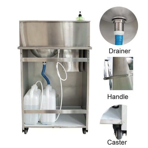 Foot Operated Mobile Wash Basin with Backsplash Paper Towel Dispenser & Castors Stainless Steel