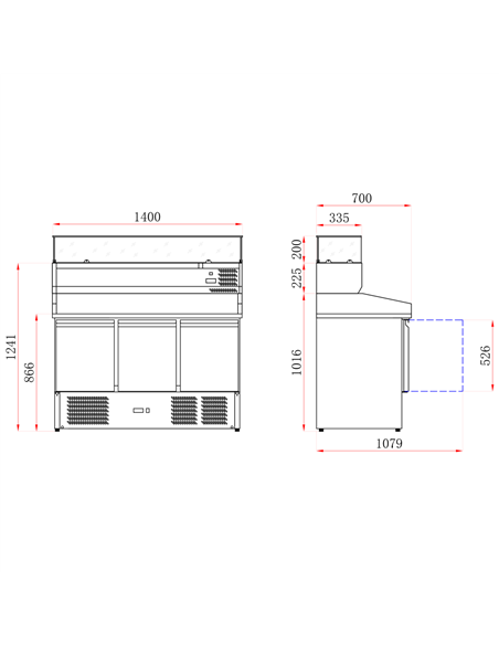 Pizza Counter 3 doors Refrigerated Counter top display 6xGN1/4 Depth 700mm | DA-PZ14+PT14