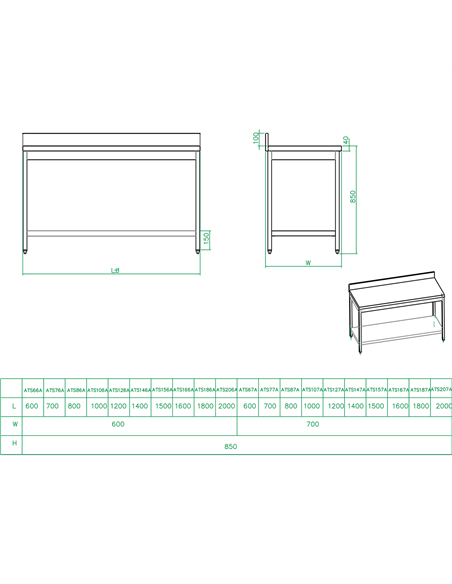 Professional Work table Stainless steel Bottom shelf Upstand 1400x700x900mm | Stalwart DA-THATS147A