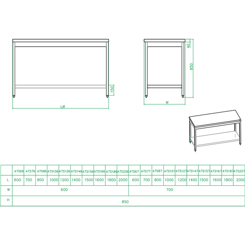 Professional Work table Stainless steel Bottom shelf 800x700x900mm | Stalwart DA-THATS87