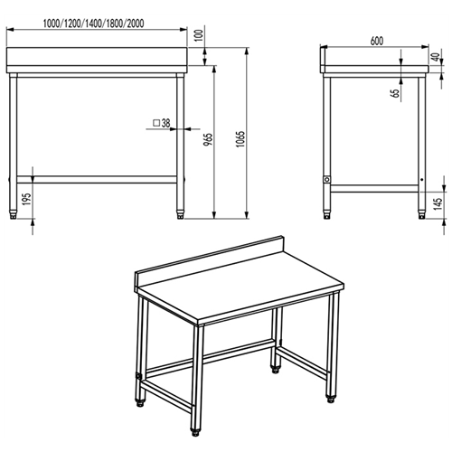 Professional Work table Stainless steel No bottom shelf Upstand 1200x600x965mm | Stalwart DA-DW6120