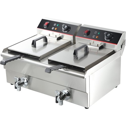 Commercial Fryer Double Electric 2x16 litre 10kW Countertop Drainage tap | Stalwart DA-HEF162V