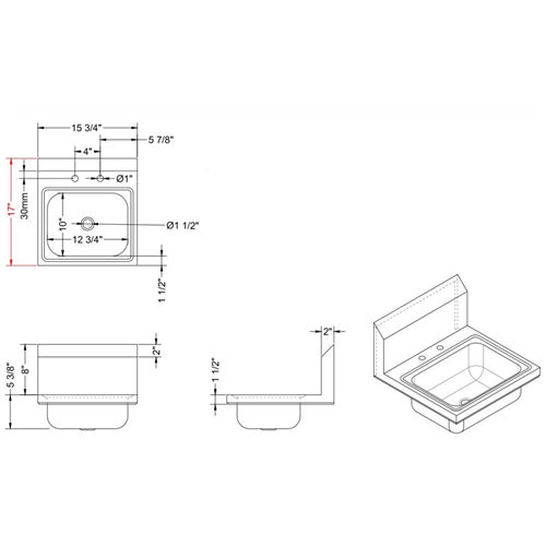 Wall mounted Hand Sink Deck mounted faucet Stainless steel | Stalwart DA-HS15DH