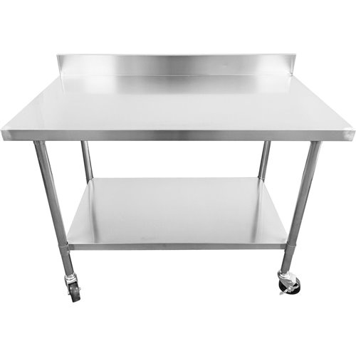 Commercial Mobile Work table with Adjustable feet Stainless steel Bottom shelf Rear upstand 1400x600xx850/930mm | Stalwart DA-WT