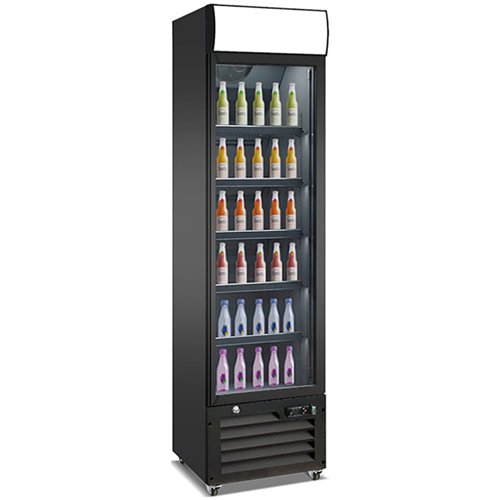 Commercial Bottle Cooler Upright 220 litres Single Glass Door with LED Canopy in Black | Stalwart DA-KXG220H