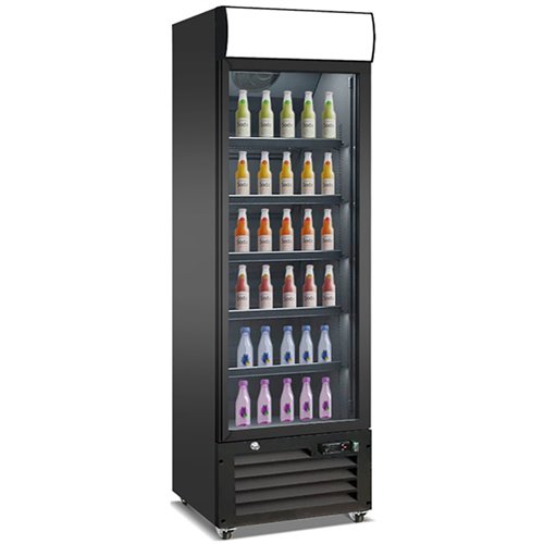 Commercial Bottle Cooler Upright 400 litres Single Glass Door with LED Canopy in Black | Stalwart DA-KXG400H