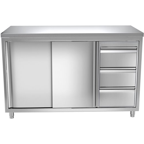 Commercial Worktop Floor Cupboard 3 drawers Right 2 sliding doors Stainless steel Width 1600x600x850mm | Stalwart DA-VTC166R3