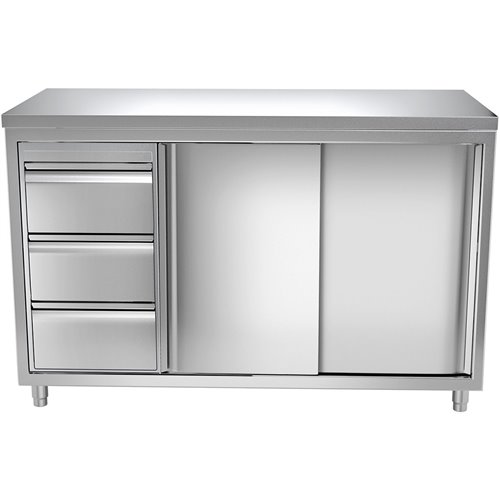 Commercial Worktop Floor Cupboard 3 drawers Left 2 sliding doors Stainless steel Width 1600x600x850mm | Stalwart DA-VTC166L3
