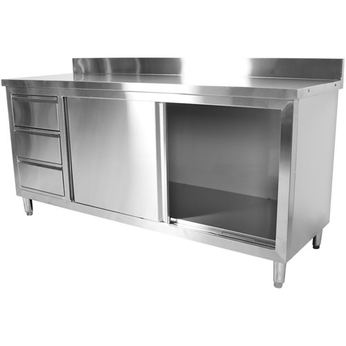 Commercial Worktop Floor Cupboard 3 drawers Left 2 sliding doors Stainless steel 1600x600x850mm Upstand | Stalwart DA-VTC166L3B