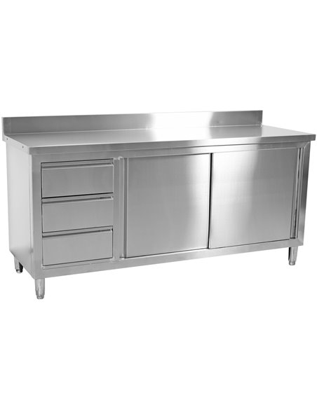 Commercial Worktop Floor Cupboard 3 drawers Left 2 sliding doors Stainless steel 1600x700x850mm Upstand | Stalwart DA-VTC167L3B