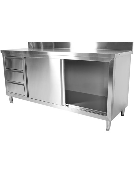 Commercial Worktop Floor Cupboard 3 drawers Left 2 sliding doors Stainless steel 1600x700x850mm Upstand | Stalwart DA-VTC167L3B