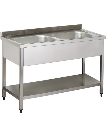 Commercial Sink Stainless steel 2 bowls Bottom shelf Splashback 1400mm Depth 600mm | Stalwart DA-VS146BT