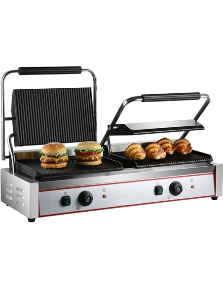 Heavy Duty Twin XL Panini Contact grill Ribbed 4.4kW Dual Zone | Stalwart DA-HEG813E