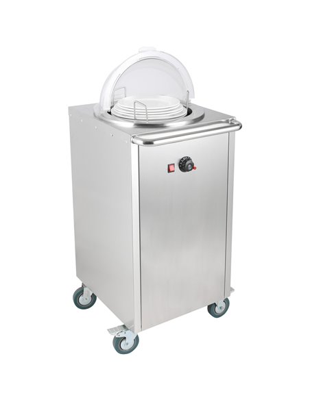 Heated Plate dispenser trolley Stainless steel 12''/300mm 50 plates with Rolltop Cover | Stalwart DA-TDDS1C