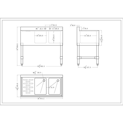 Commercial Sink Stainless steel 2 Bowl Left side Drain board | Stalwart DA-BS2T36L