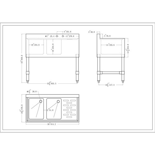 Commercial Sink Stainless steel 2 Bowl Right side Drain board | Stalwart DA-BS2T36R